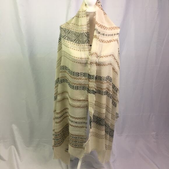 Stripe pattern Scarf Cream Black Tan with Fringe - Picture 3 of 12